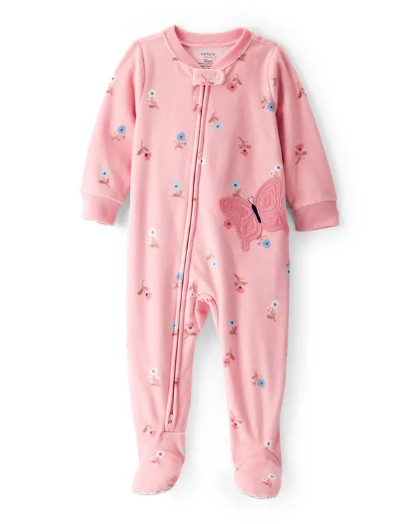 Butterfly & Floral Print Loose Fit Long-Sleeve 2-Way Zip 1-Piece Pajamas