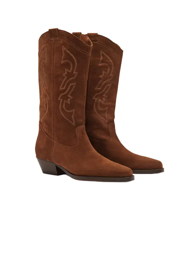 Embroidered leather mid-calf boots