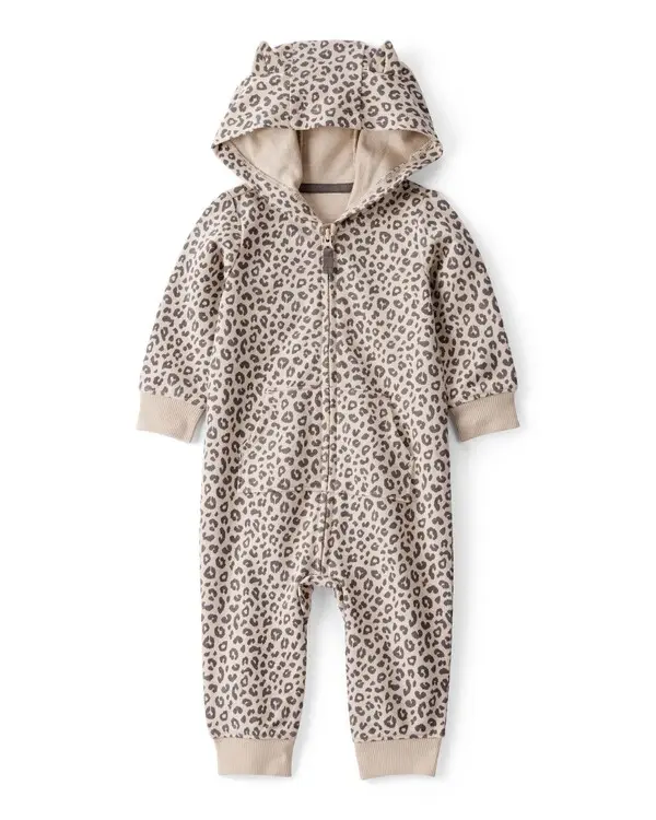 Cat Leopard Print Cotton Long-Sleeve Hooded Jumpsuit