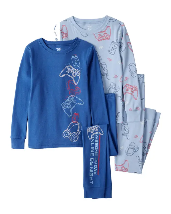 Gaming Print 100% Cotton Long-Sleeve 4-Piece Pajamas
