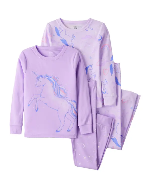 Unicorn Print 100% Cotton Long-Sleeve 4-Piece Pajamas