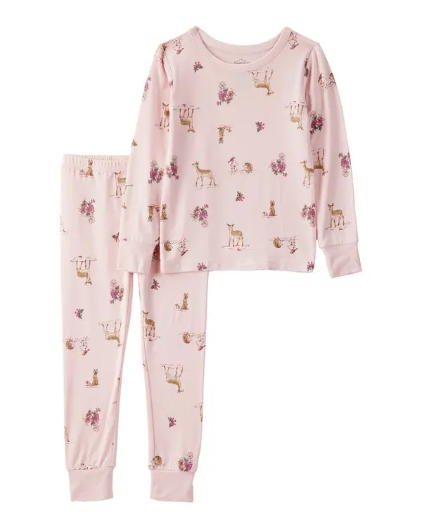 Deer & Floral Print PurelySoft Long-Sleeve 2-Piece Pajamas