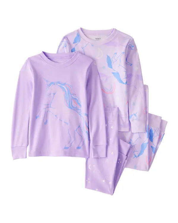 Unicorn Print Snug Fit Cotton 4-Piece Pajamas