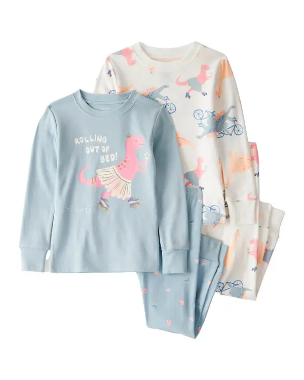 Dinosaur Print 100% Cotton Long-Sleeve 4-Piece Pajamas