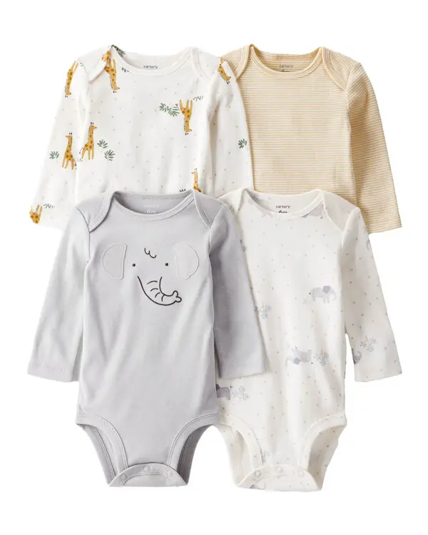 4-Pack Safari Print Cotton Long-Sleeve Multipack Bodysuits