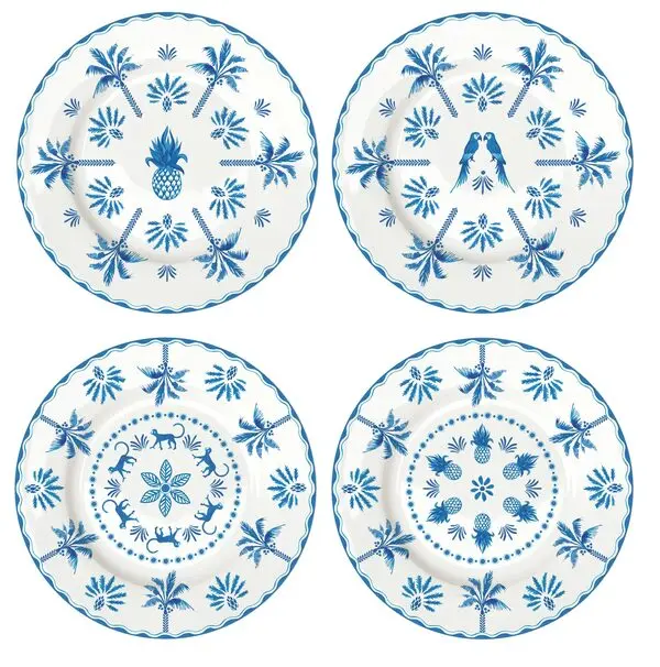 Set 4 Porcelain Dessert Plates Ø 19 Cm In Hat Box Exotic Vibes (Vers.Blue)
