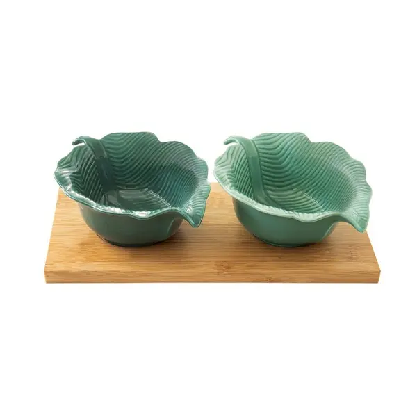 Appetizer Set 25X12 On Bamboo Tray & 2 Porcelain Bowls Leaf Shape In Color Box M
