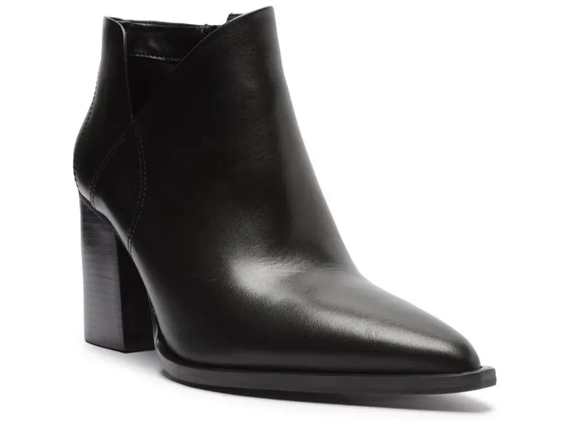 Leather V-Cut Ankle Booties with Block Heel
