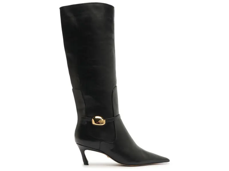 Leather Pointed-Toe Knee-High Boots with Gold Buckle
