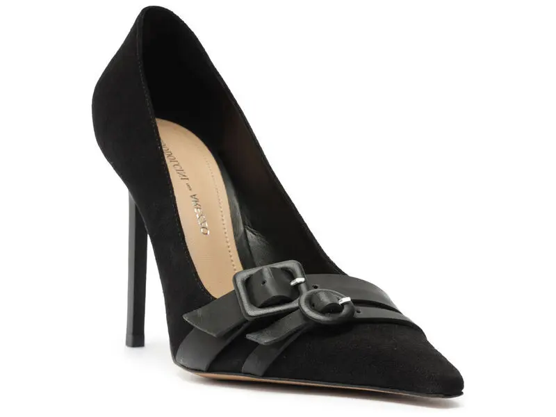 Suede Pointed-Toe Heels with Double Buckle Straps