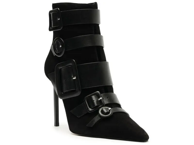Suede Pointed-Toe Ankle Boots with Multiple Buckles