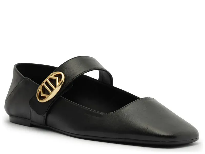 Leather Mary Jane Flats with Gold Buckle