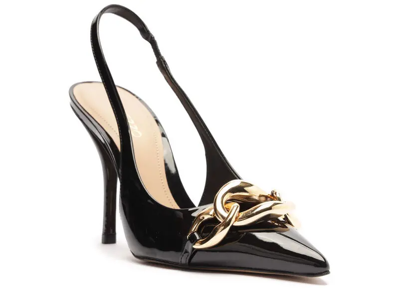 Patent Leather Stiletto Slingback Pump with Gold Chain