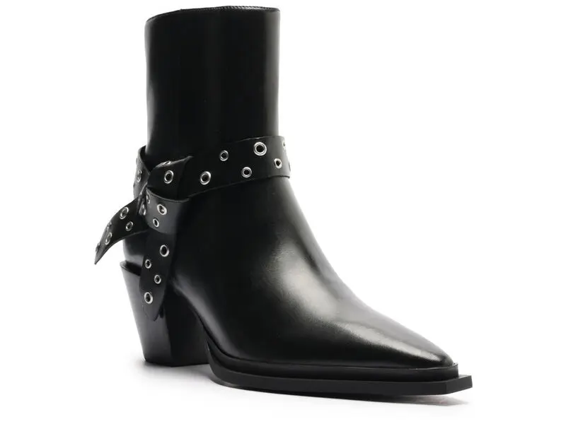 Leather Pointed-Toe Ankle Boots with a Tie-Around Studded Strap
