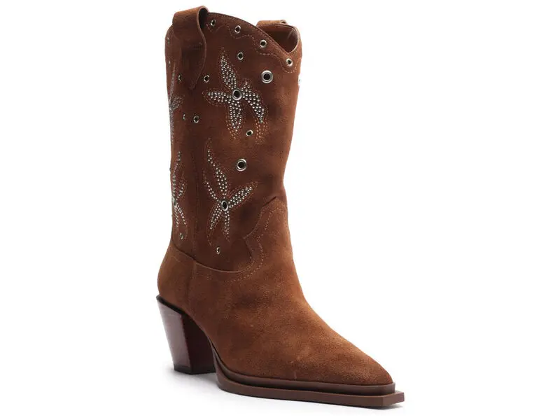 Suede Cowboy Boots with Star-Shaped Studs