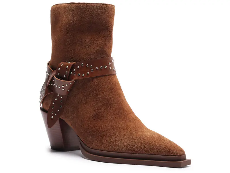Suede Pointed-Toe Ankle Boots with Studded Strap