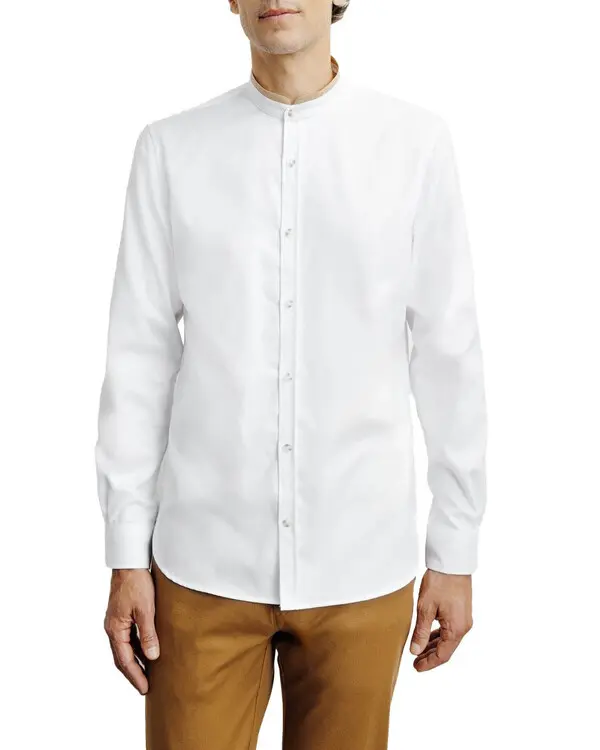Long-sleeved shirt with mao collar and suede elbow patches