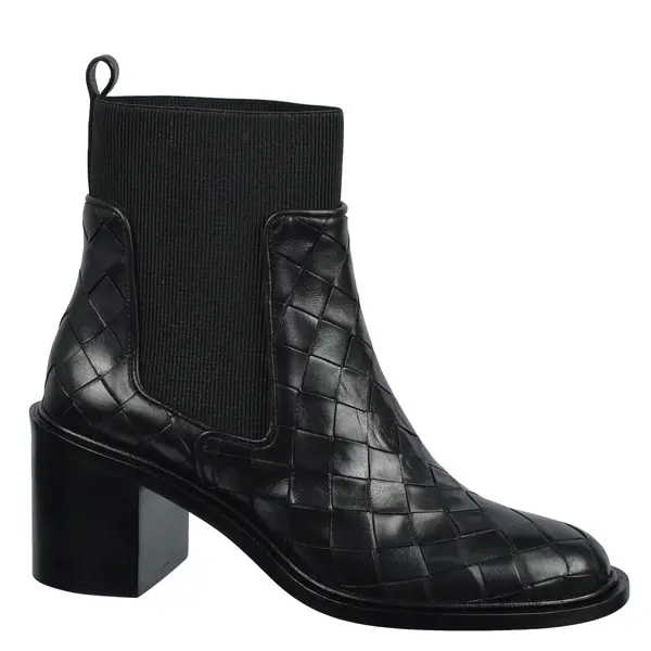 Block Heel Leather Woven Ankle Boots