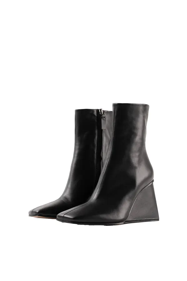 Wedge Heel Leather Ankle Boots With Square Toe