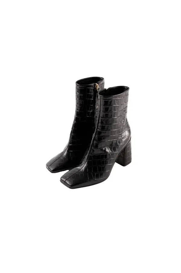 Block Heel Crocodile-Effect Leather Ankle Boots