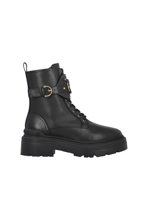 Leather combat boots with branded front strap