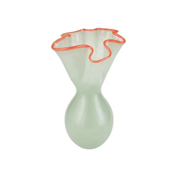 Light Green Glass Vase with Ruffled Orange Rim