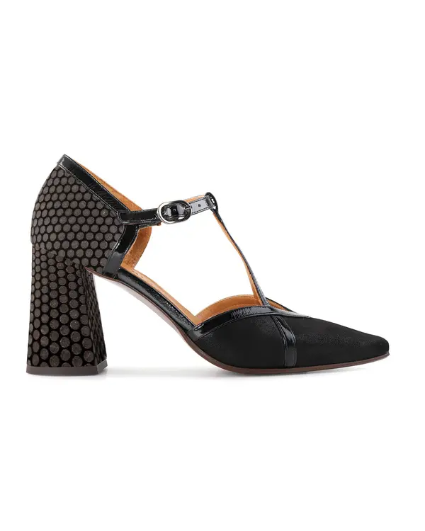 T-Strap Pointed Toe Pump With Patterned Block Heel
