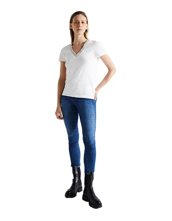 V-Neck Cotton Modal Beaded Neckline T-Shirt