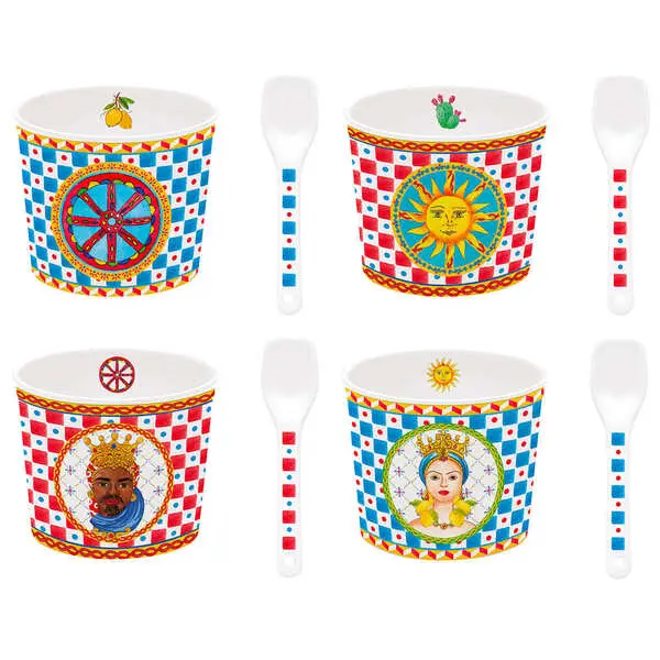 Porc.Ice Cream Bowl Dia.Cm.8.5 W/Spoon 4 Ass.Decors In Color Box Sicily