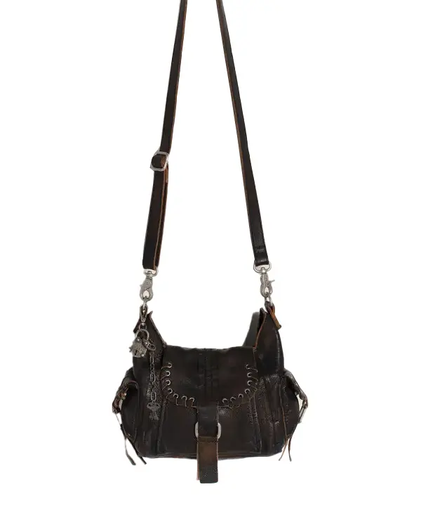 Buckled Leather Shoulder Bag with Industrial Charms
