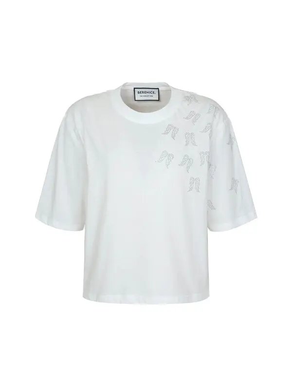 Round-neck Short Sleeve T-shirt with Rhinestone Wings on Shoulder