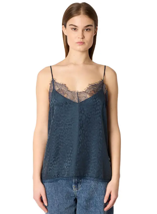 Teal Satin Camisole with Lace Trim Image