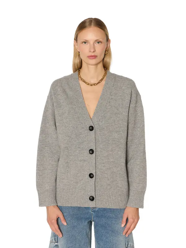 Wool V-neck Cardigan with Patch Pockets & Rhinestones Image
