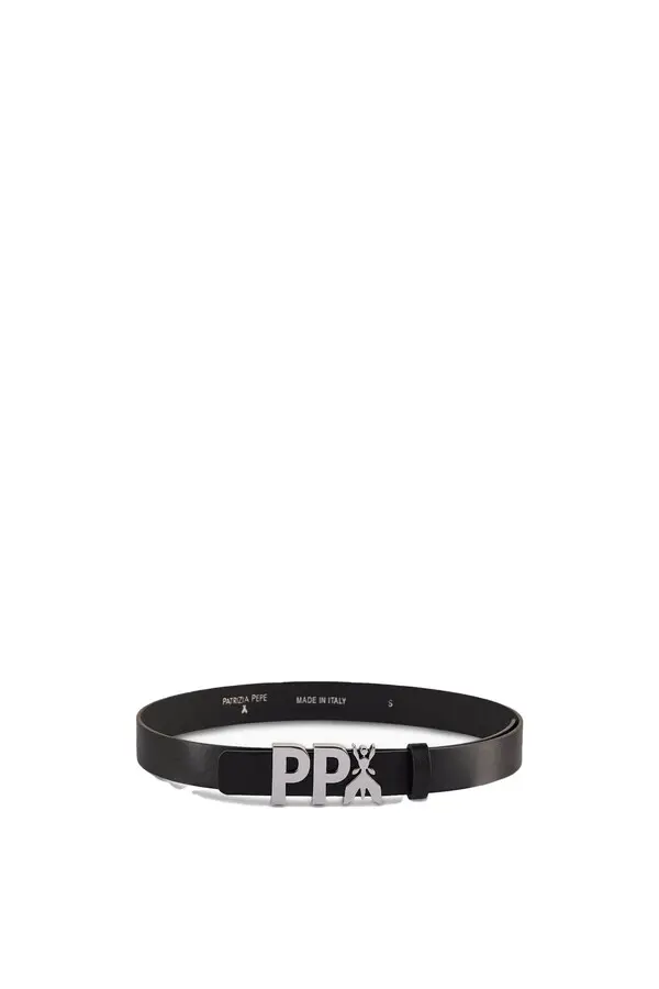 Leather Belt with Silver PP Logo Buckle