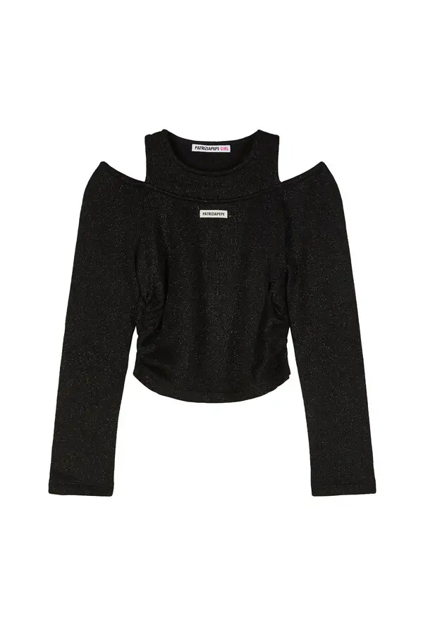 Long-Sleeve Metallic Knit Top with Shoulder Cutouts