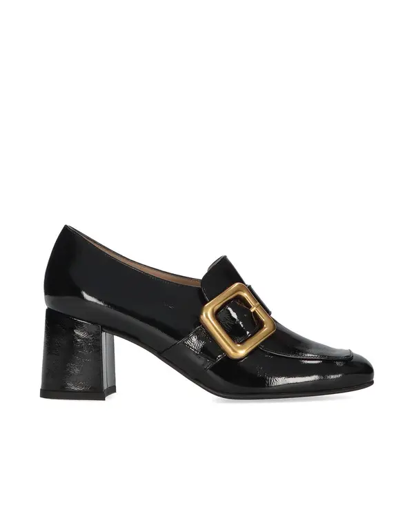 Patent Leather Block Heel Loafer Pump with Gold Buckle