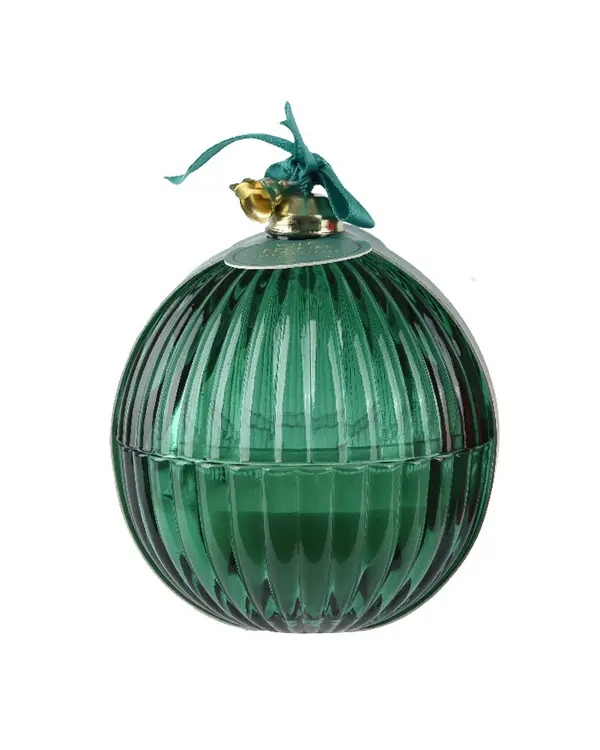 Scented candle paraffin round with polyester bow, iron
bells GREEN