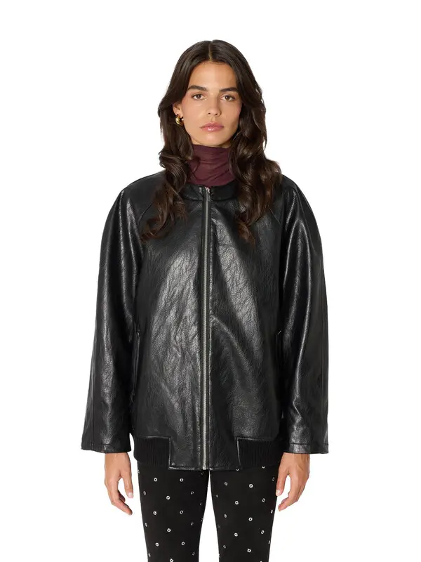 Oversized Faux Leather Jacket with Round Neck