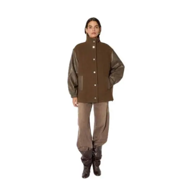 Wool Jacket with Faux Leather Sleeves and High Collar