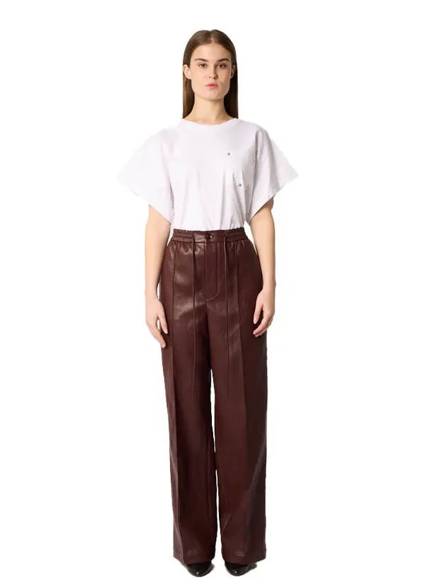 Straight Faux Leather Trousers with Elastic Drawstring Waist