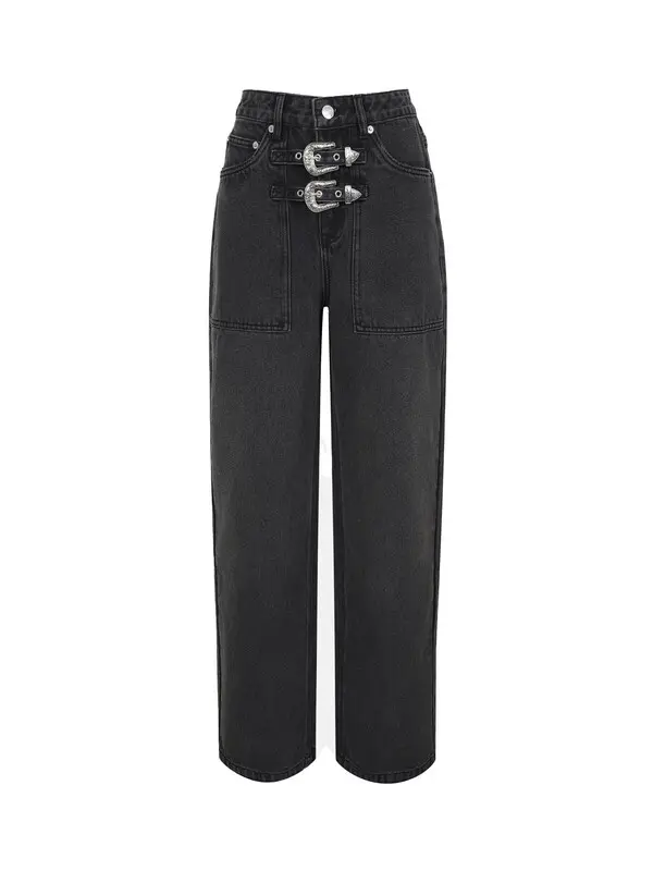 Wide Straight Jeans with Cowboy Buckle Waist Details