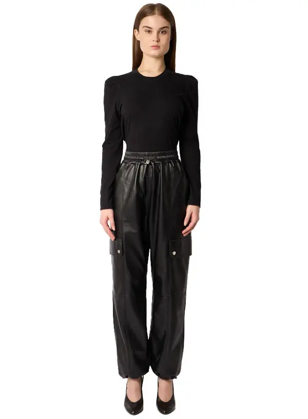 Relaxed Fit Black Leather Cargo Pants