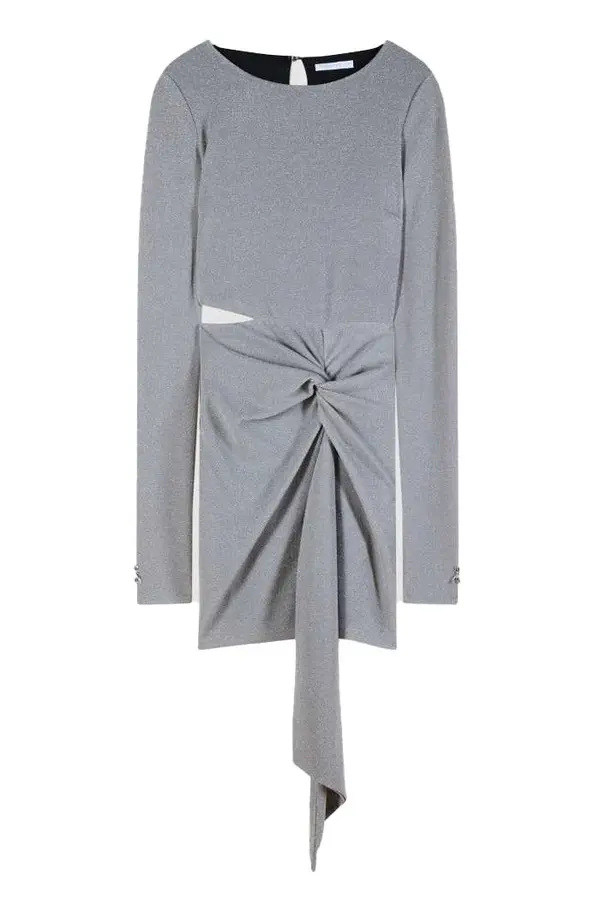 Long-Sleeve Sparkle Mini Dress with Side Cutout and Front Knot