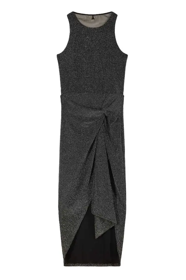 Sleeveless Metallic Sheath Dress with Knot Detail