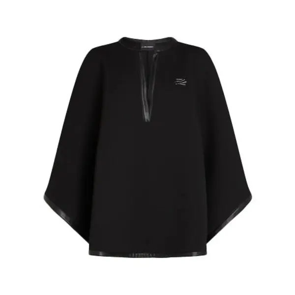 Felt Poncho with V-Neck and Leather Trim