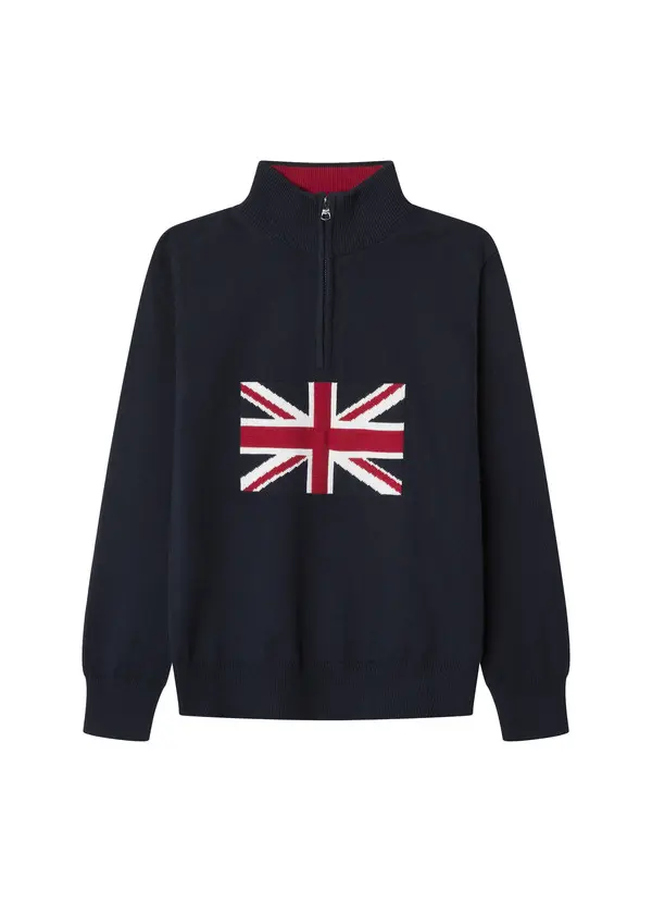 High Collar Zip Up Jacket with Flag Image