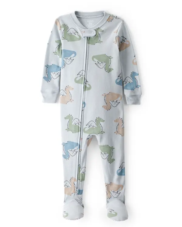 Baby Boy Dragon Print 100% Cotton Long-Sleeve 2-Way Zip 1-Piece Pajamas - Blue