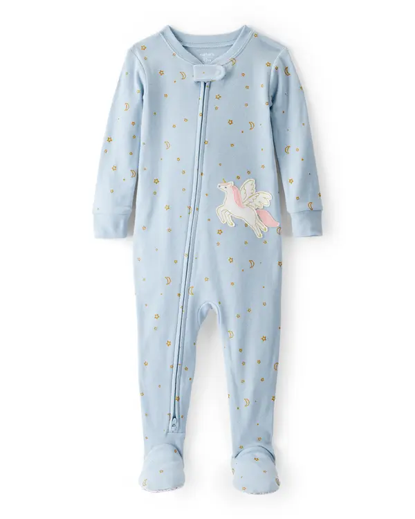 Baby Girl Unicorn Star Print 100% Cotton Long-Sleeve 2-Way Zip 1-Piece Pajamas - Blue
