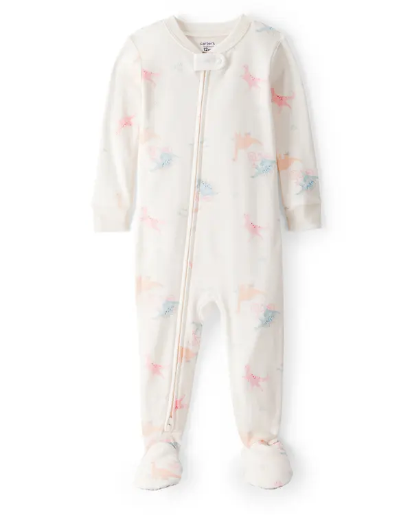 Baby Girl Dinosaur Print 100% Cotton Long-Sleeve 2-Way Zip 1-Piece Pajamas - White