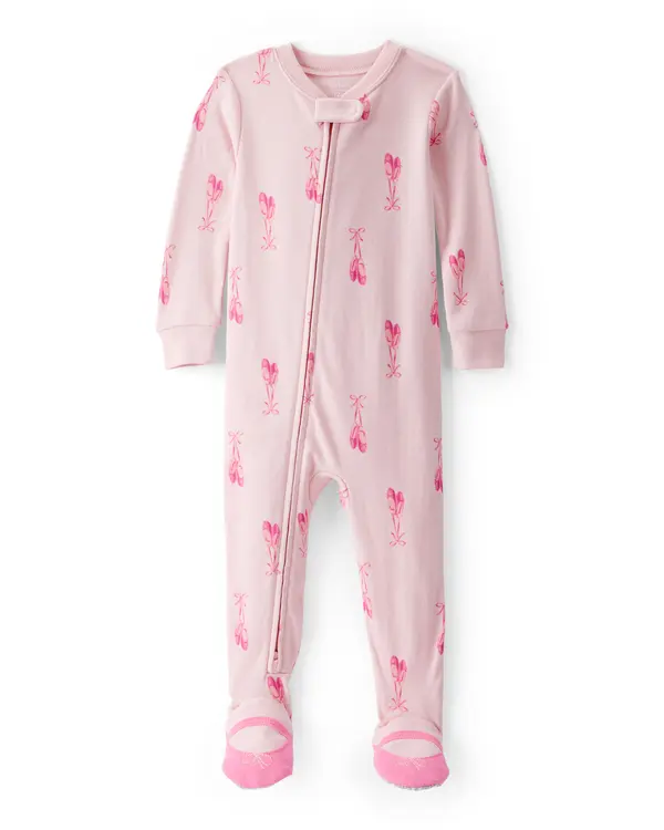 Baby Girl Ballet Print 100% Cotton Long-Sleeve 2-Way Zip 1-Piece Pajamas - Pink